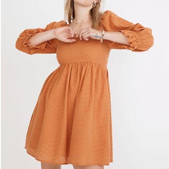 Madewell Puff Sleeve Smocked Dress Mini Textured Dots Mulled Cider Orange Size 8 - Picture 1 of 10